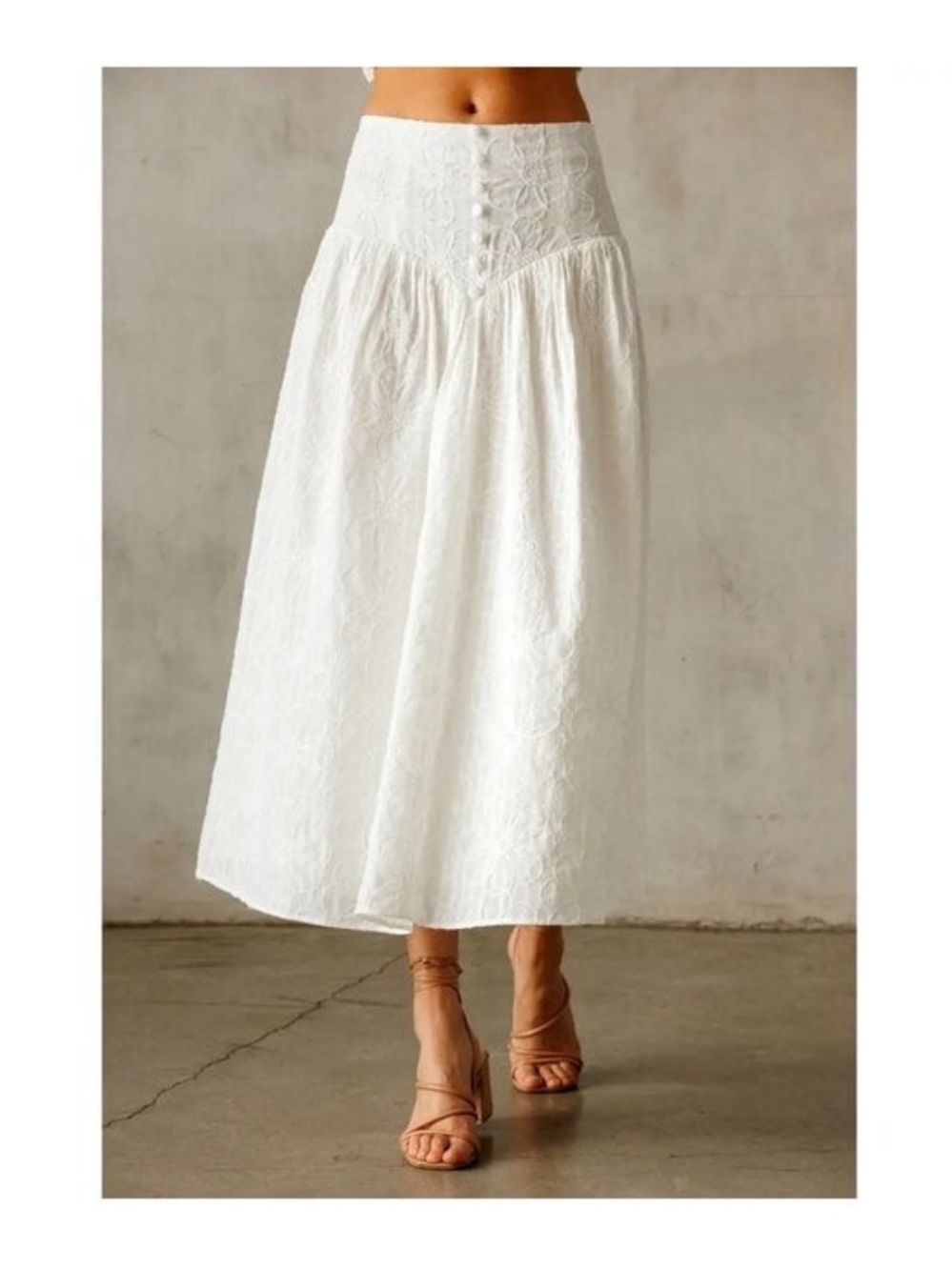 Storia White Embroidered High-Waist Midi Skirt
